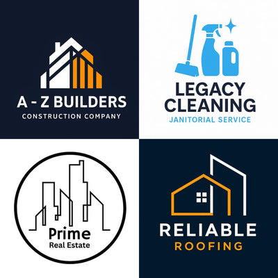 Features four modern logos. Modern and professional designs custom made for contractors. Three of the logos have outlines of a building or house. One has silhouette of cleaning supplies in blue for a cleaning business.
